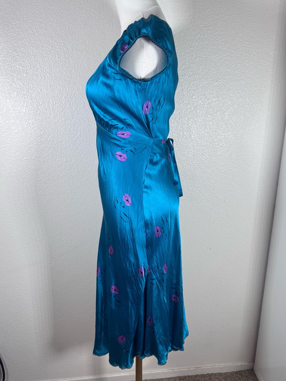 Betsey Johnson Vintage Teal Satin Midi Marylin Monroe Dress - Picture 3 of 9